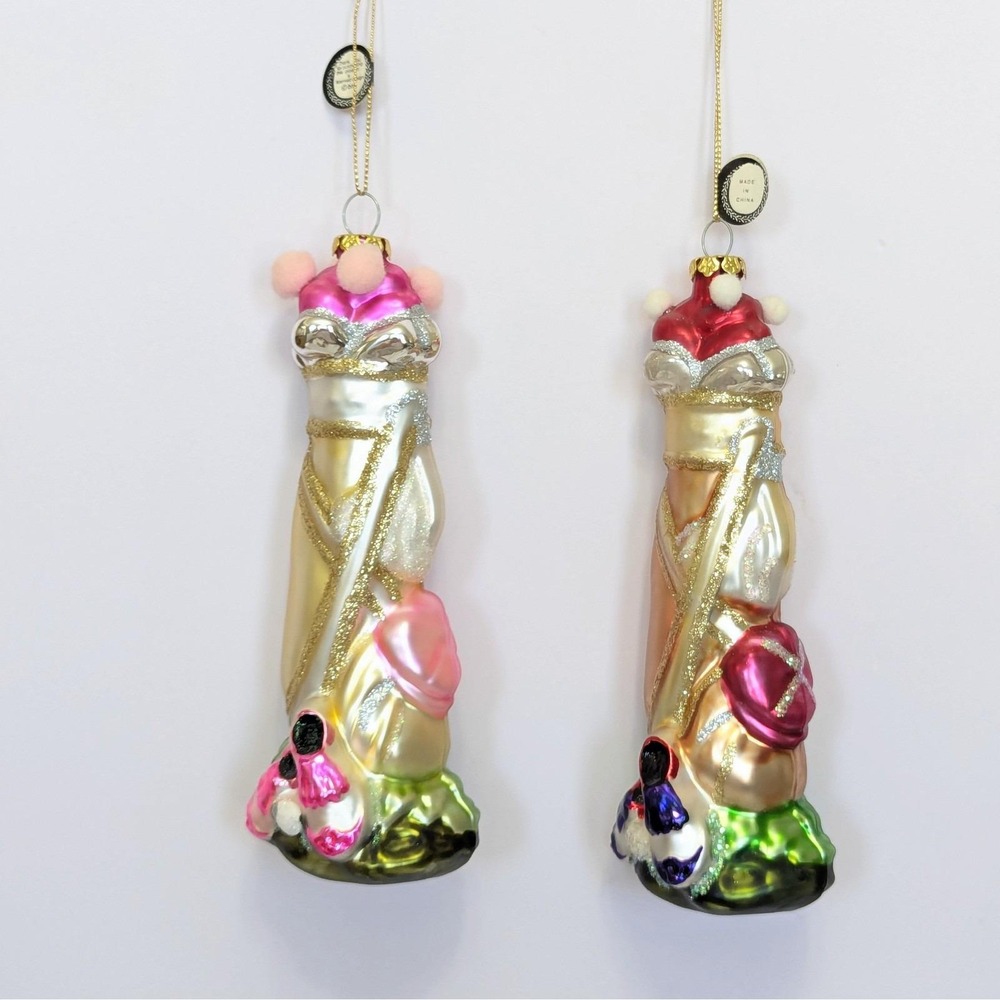His & Hers Golf Bag Blown Glass Glitter Embellished Christmas Ornament Set of 2